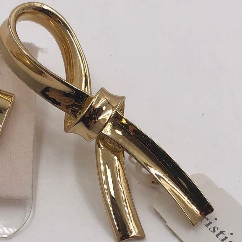 Christian Dior Vintage Fashion Smooth Gold-Tone Ribbon Brooch